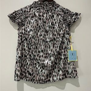 NWT CeCe Women's Animal Print Ruffle Blouse Black and Pink SZ S